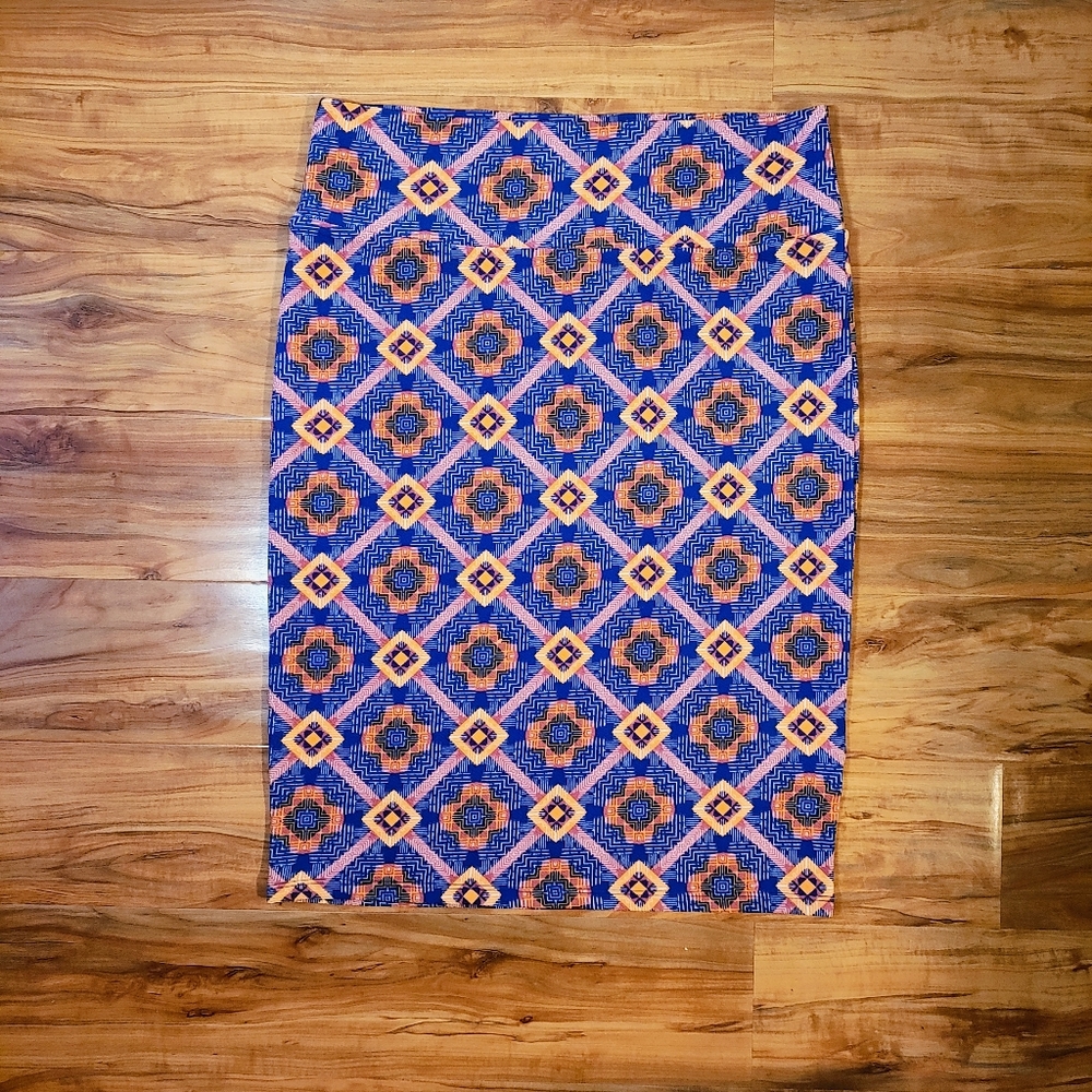 LuLaRoe L Cassie Pencil Skirt Blue Orange Geometric Pattern